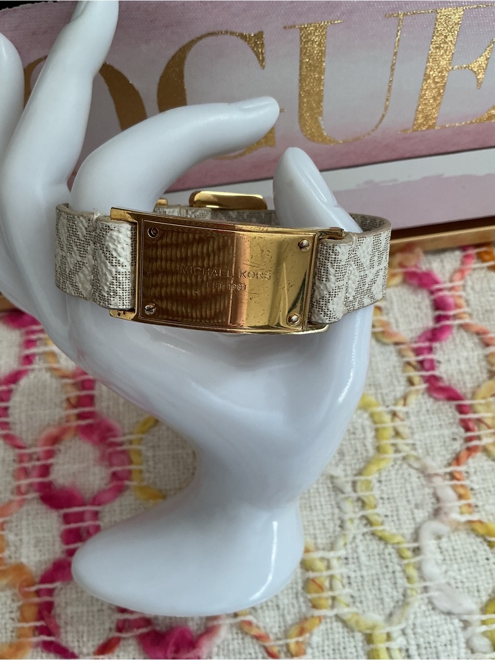 Michael Kors Cream Logo Leather Bracelet with Gold Plate